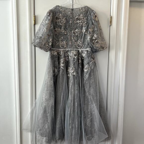 Mac Duggal 20475 Gray Silver Beaded Sequin Midi Dress Size 16 - Picture 7 of 8